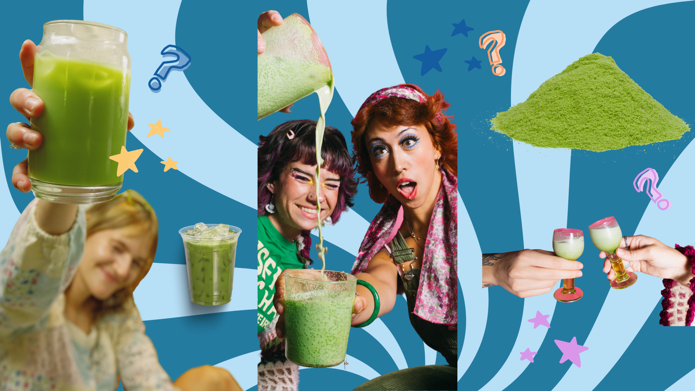 A collage with a blue background that shows matcha powder and friends enjoying flavored matcha lattes in a variety of cup shapes including jars and tiny goblets