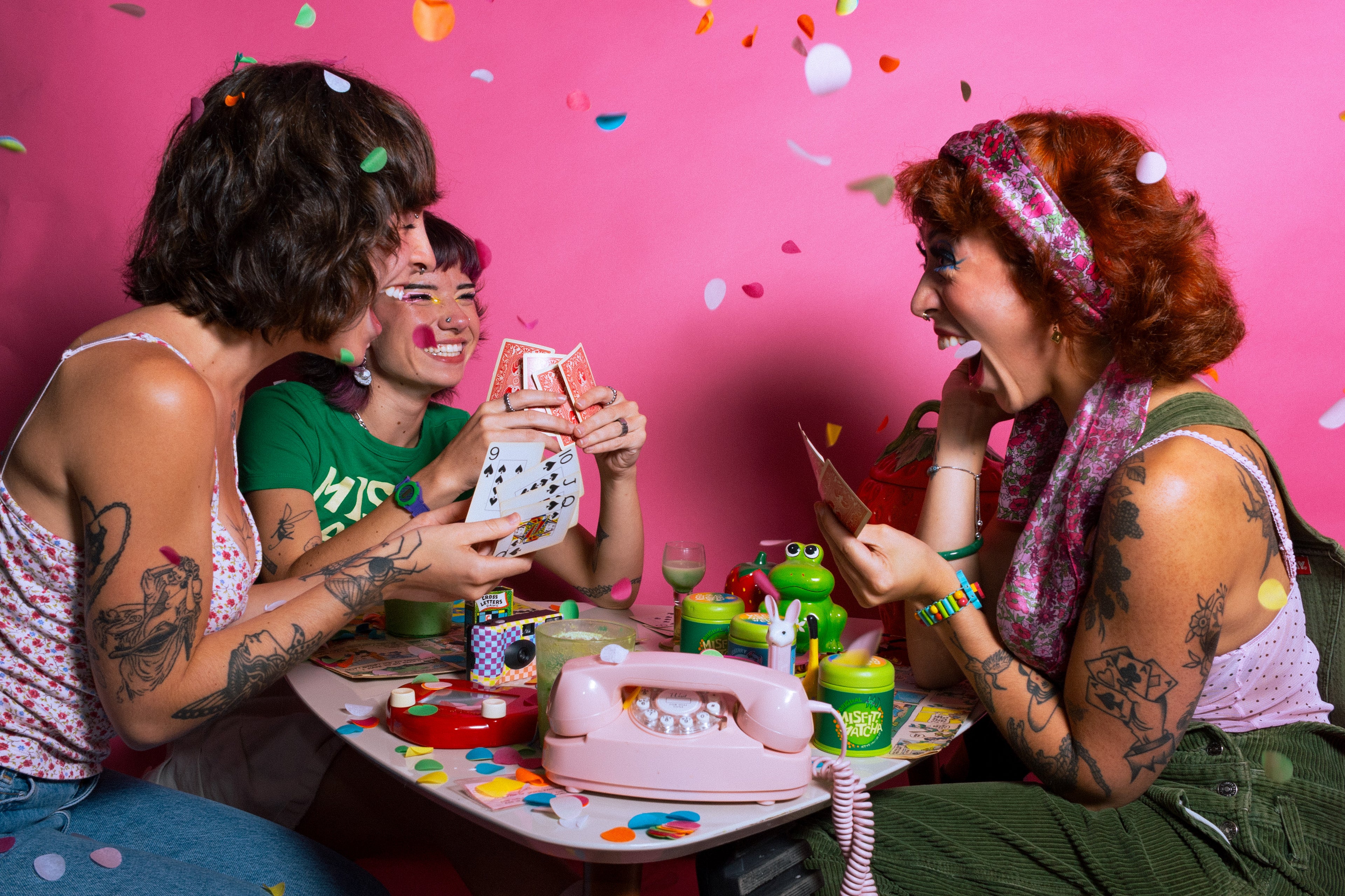 friends playing cards drinking matcha